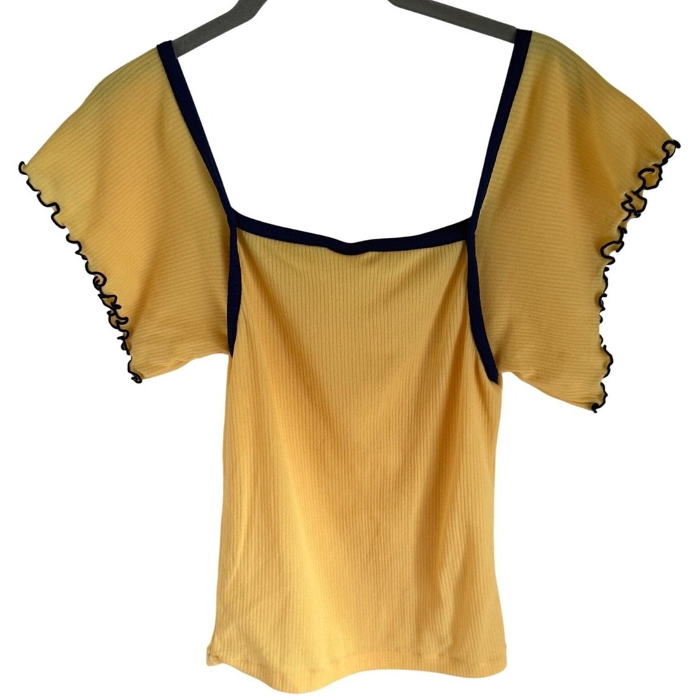 VTG 70s Helen Sue Yellow Ribbed Top Mod Ruffle Lettuce Edge Sleeve Square Neck M - Picture 5 of 5